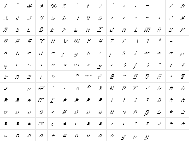 Blue July 3D Regular  glyph index