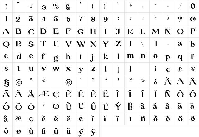 GRAND DUKE Regular  glyph index