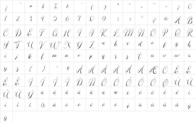 Umbrella Script Regular  glyph index