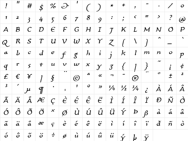 CarlinScript LT Std Italic Regular  glyph index