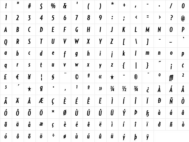 RelayComp-BoldItalic Regular  glyph index