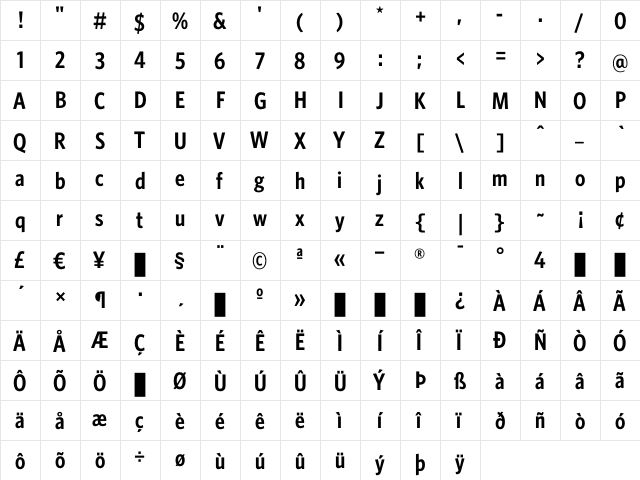 WhitneyCondensed Semibold  glyph index