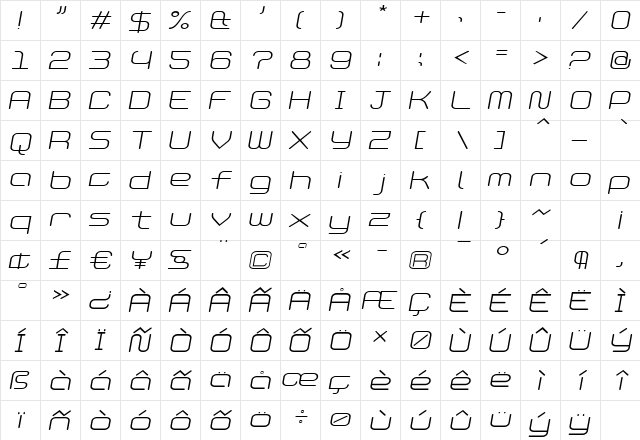 PhantomLight Italic Regular  glyph index