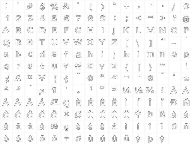 Humana Hollow Regular  glyph index