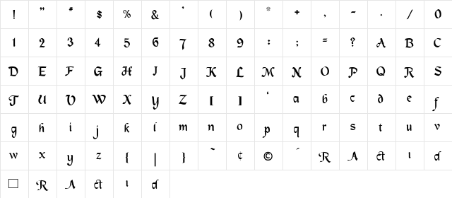 MacHumaine-Light Regular  glyph index