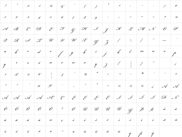 Bickham Script Pro Regular  glyph index