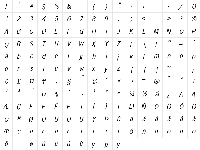 Matterhorn Italic  glyph index