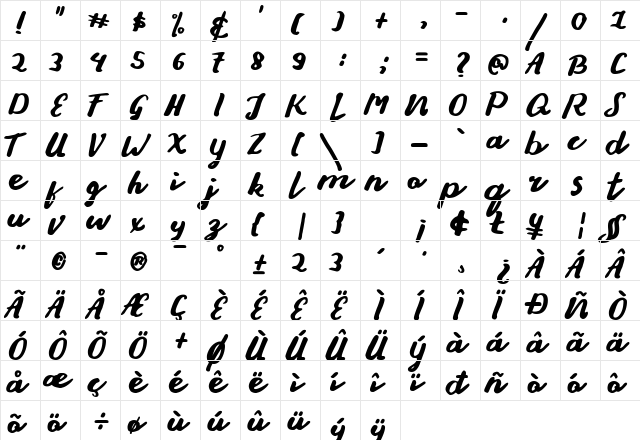 Stay Young Font Regular  glyph index