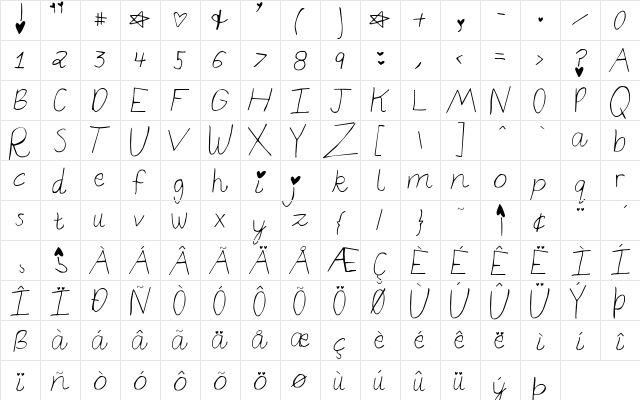 elizajane Regular  glyph index