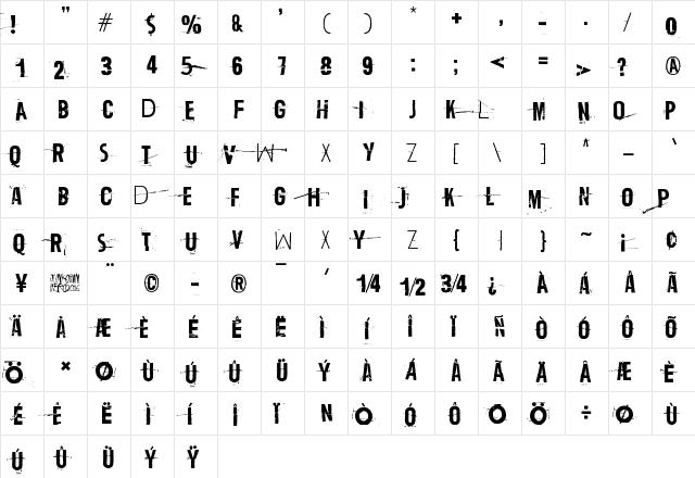 Trash Zydego Regular  glyph index