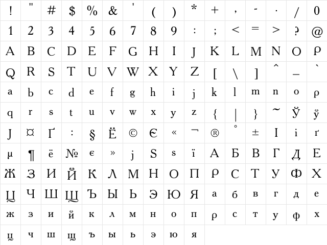Academy cond Regular  glyph index