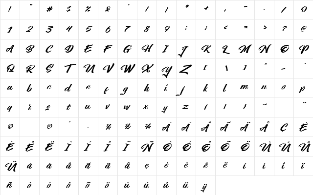 Yambag Italic  glyph index