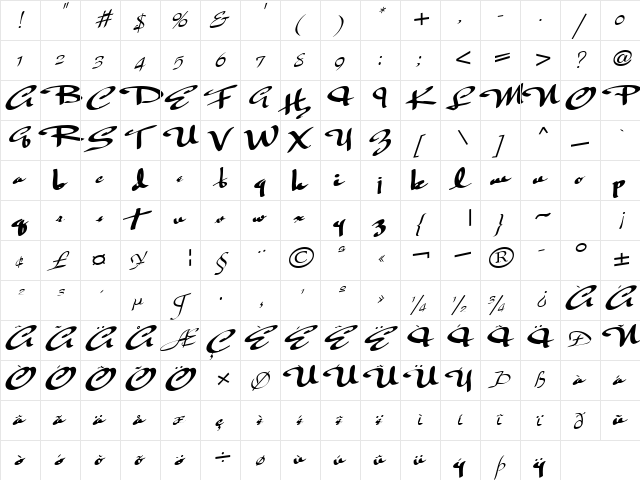 Flying Regular  glyph index