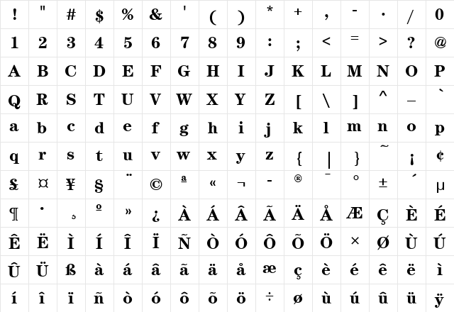CenturyITC Bold  glyph index