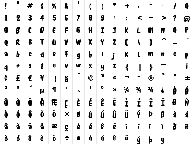 Fluffy Slacks BTN Bold  glyph index