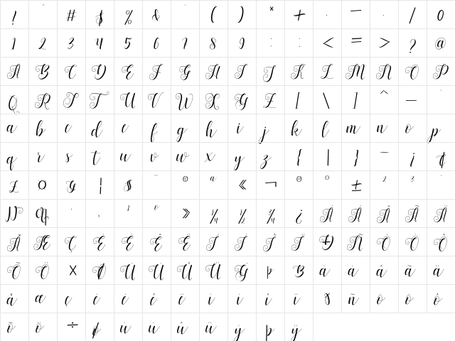 Bertiga Regular  glyph index