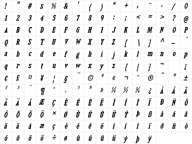 Kingsbridge Condensed SemiBold Italic  glyph index