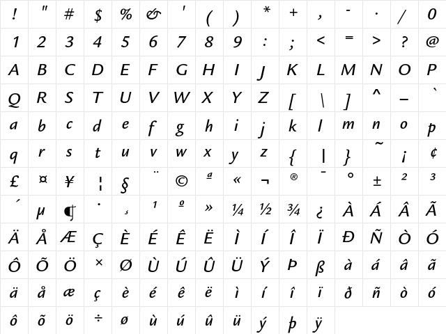 LegacySansEF MediumItalic  glyph index