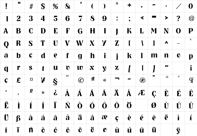 Nashville Bold  glyph index