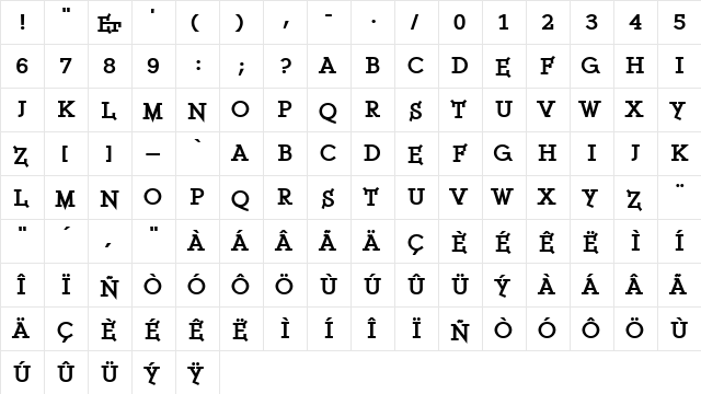 ETH Serif Black  glyph index