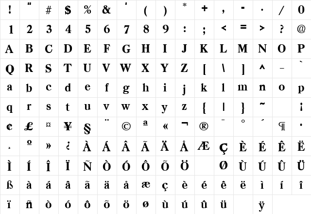 Casper SF Bold  glyph index