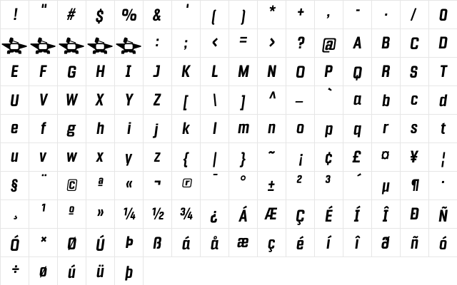 Fragua Bold Italic  glyph index