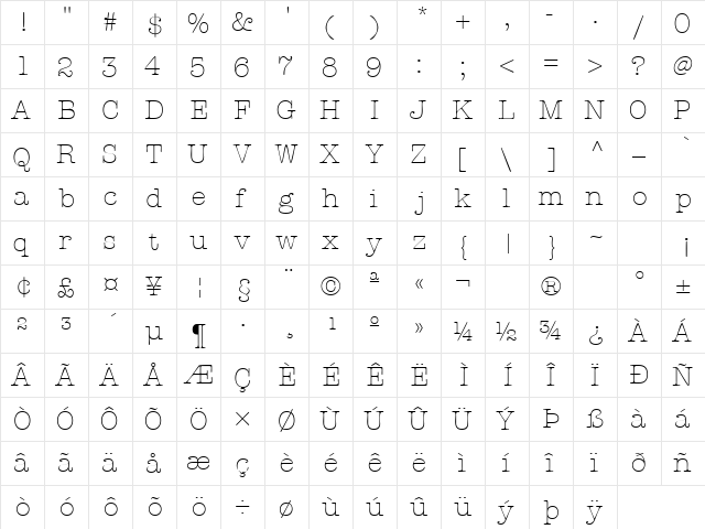 KeyboardLightSSK Regular  glyph index