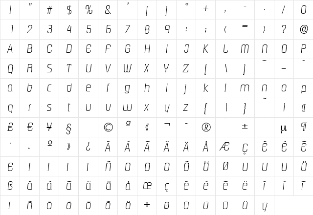 MaxBecker-ExtraLight Italic  glyph index