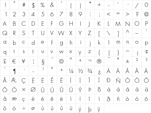 Futura LT Light  glyph index