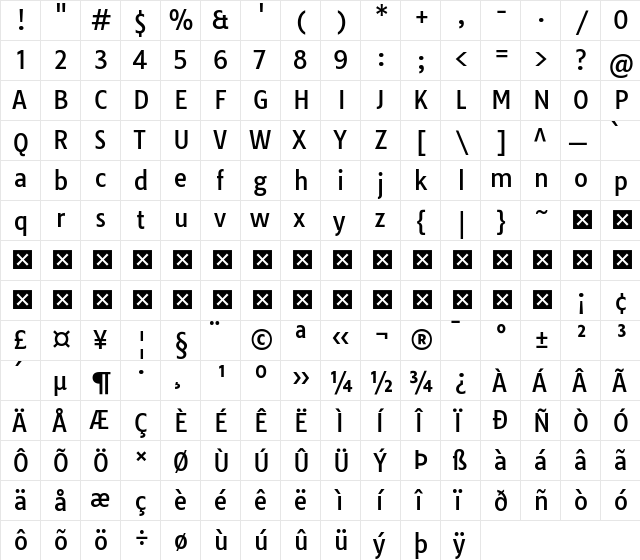 Tauri Regular  glyph index