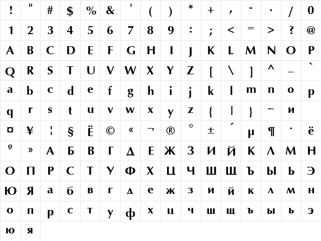 AGOptCyrillic Bold  glyph index