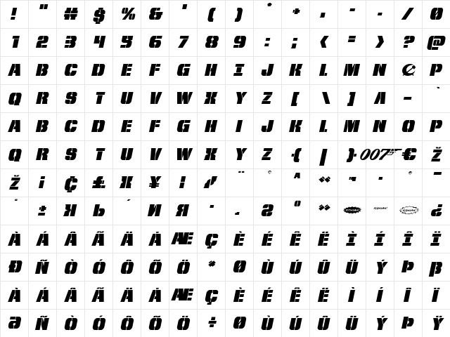 From BOND With Love Expanded Italic Expanded Italic  glyph index