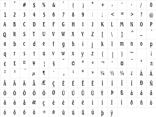 BeachThin Normal  glyph index