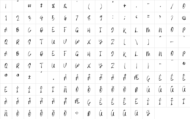Royal Brush Regular  glyph index