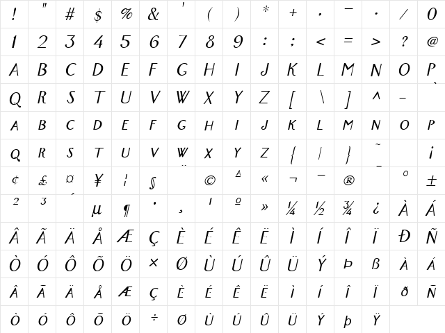 New-York Italic  glyph index