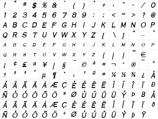 CobaltCondensed BoldItalic  glyph index