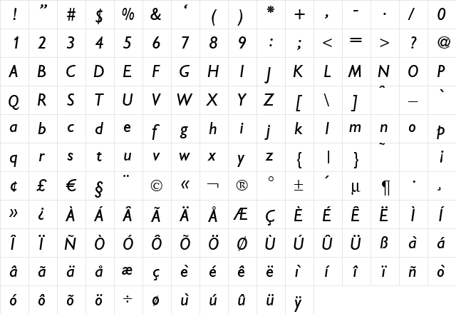 Gibson Italic  glyph index