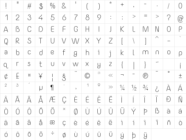 Yaahowu Light Regular  glyph index