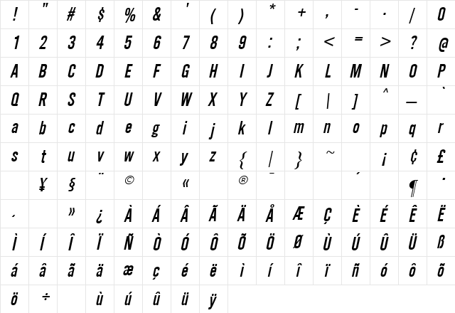 SimpleType Italic  glyph index