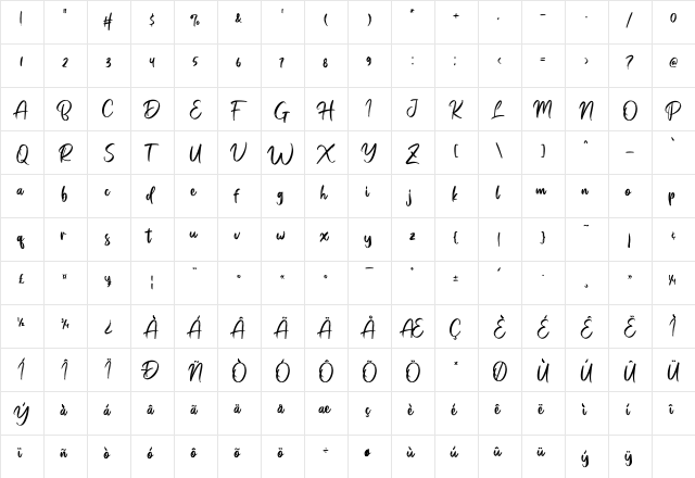 Bridgeriden Regular  glyph index