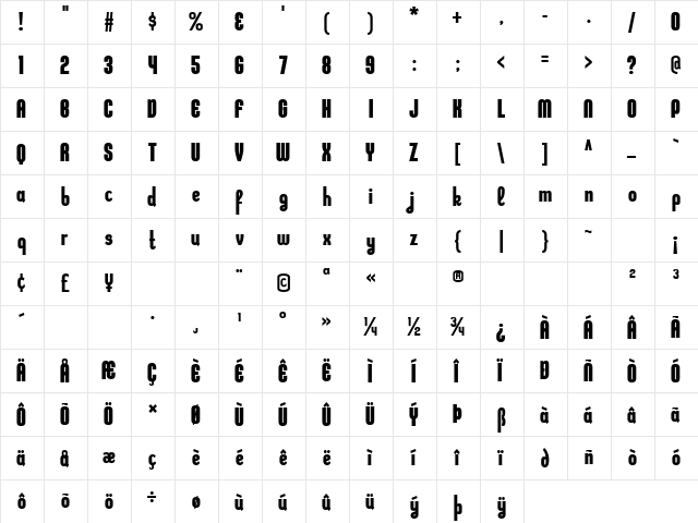 Kleptocracy Condensed Bold  glyph index