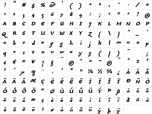 CarlinScript LT Std BoldIt Regular  glyph index