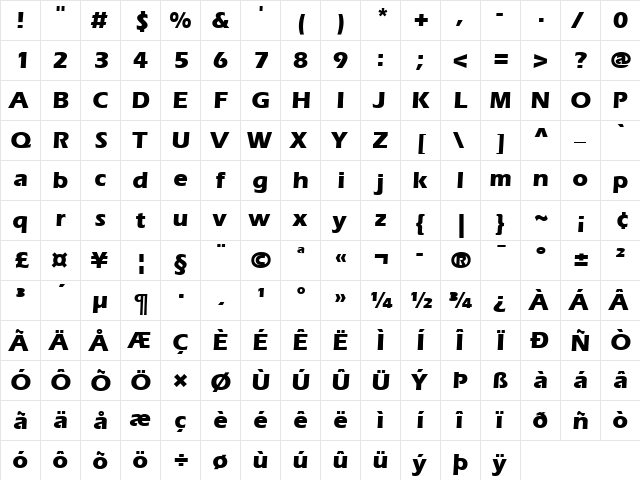 Eras LT Medium Bold  glyph index