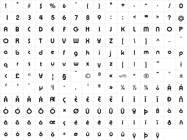 Xpressive Bold  glyph index