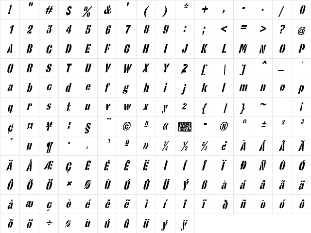 StencilSans Italic  glyph index