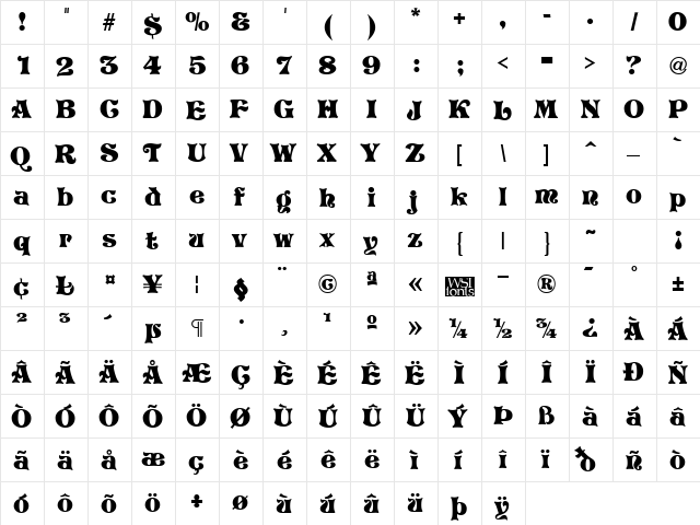 Vostrey Regular  glyph index