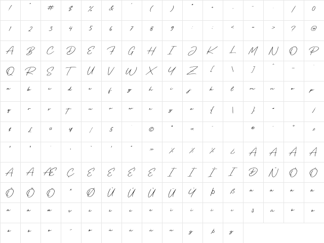 Retro Signature Regular  glyph index