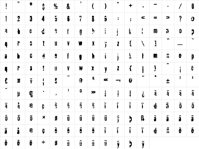 FragileICG Regular  glyph index