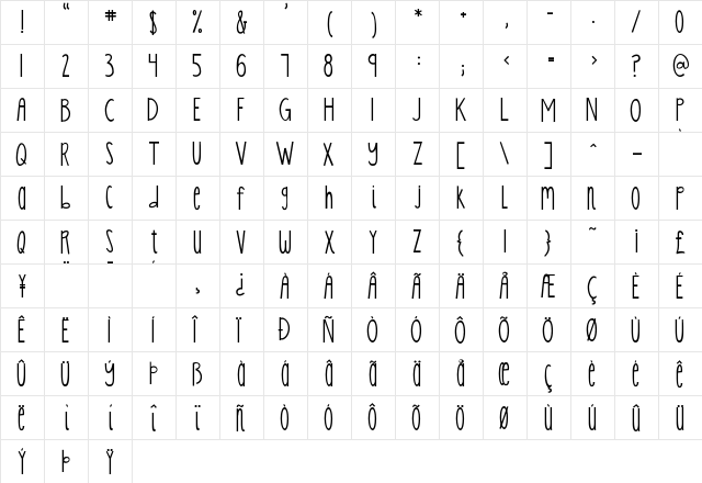 KG Skinny Latte Regular  glyph index