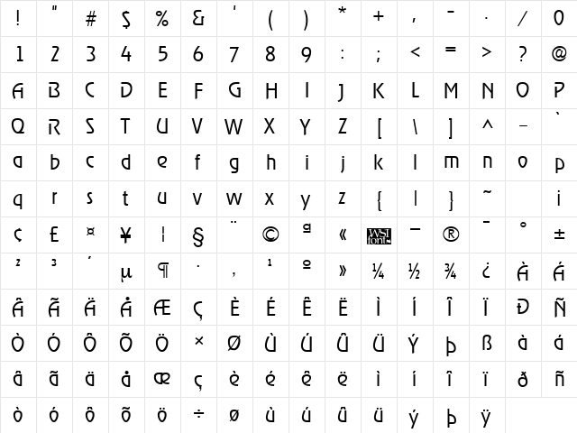 RevelLight Regular  glyph index